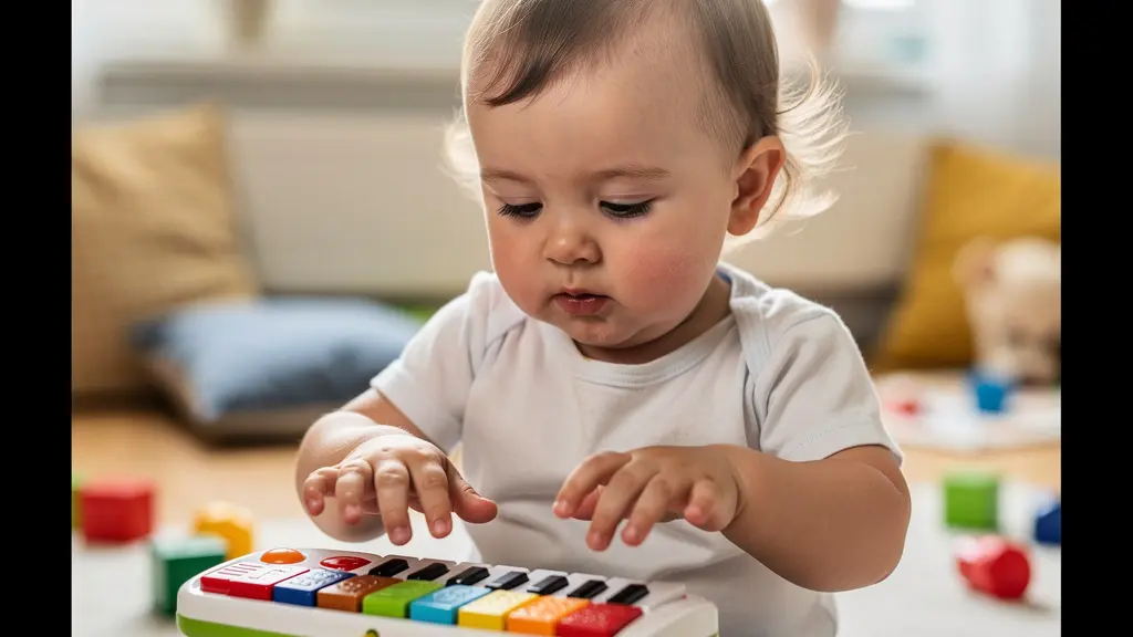 Tout-petit explorant un petit piano coloré dans un salon lumineux (éveil musical)